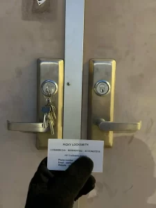 Commercial double door lock installation completed by Picky Locksmith.