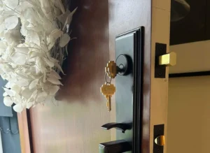EMTEK front door lockset installed by Picky Locksmith with keys.