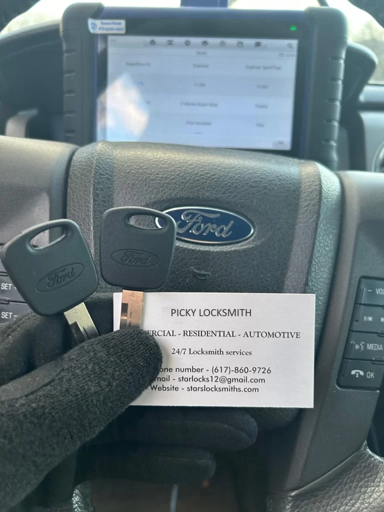 Ford car keys duplicated and programmed by Picky Locksmith using diagnostic tool.